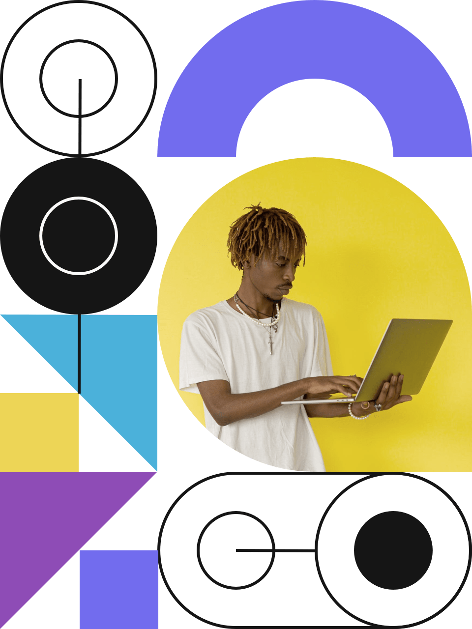 A black man, white t-shirt, with a laptop